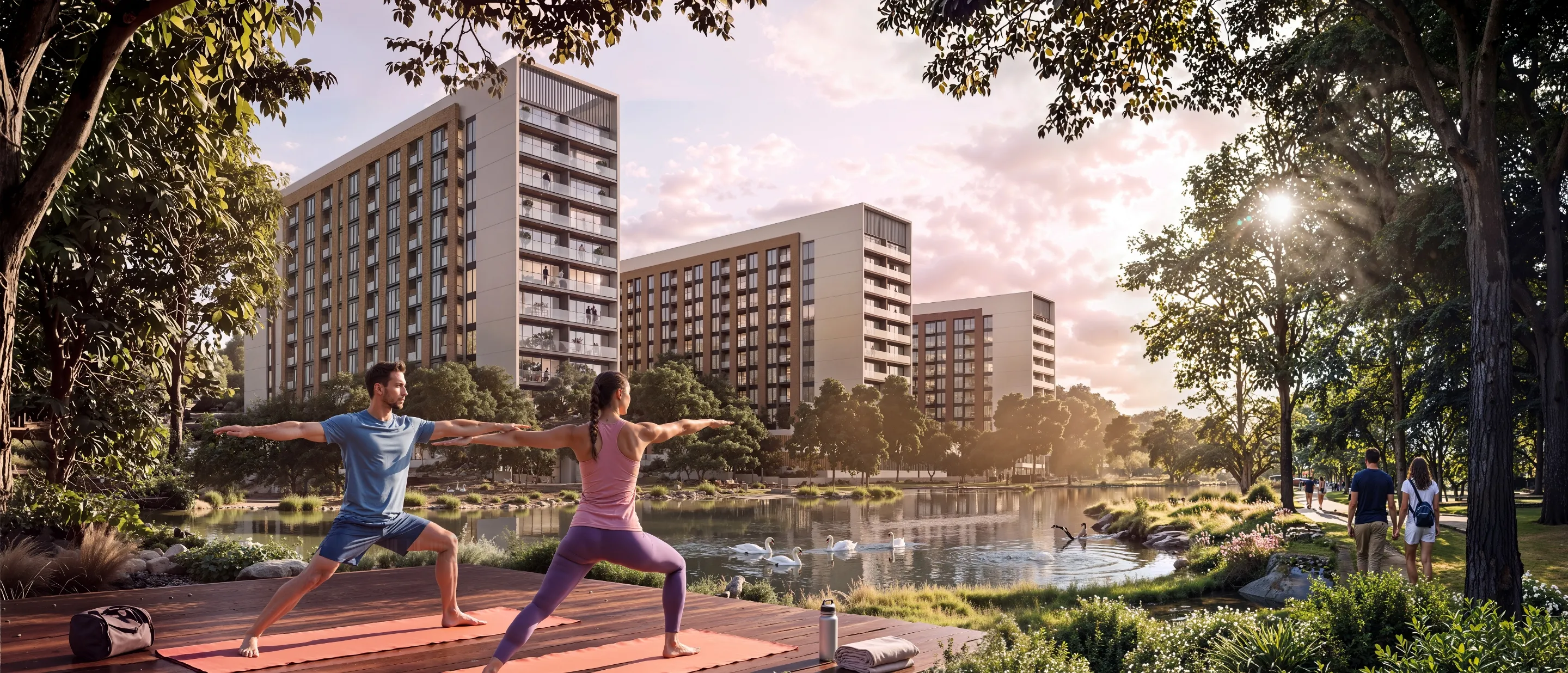 Apartamentowce The Woods Retreat nad stawem w parku Sobha Sanctuary w Dubaju o zachodzie słońca